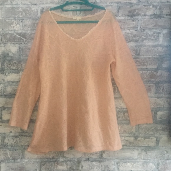 indigo soul Sweaters - Soft pink lightweight sweater with v neck lace